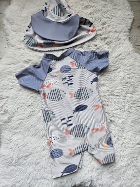 5/20$💫Baby Boy Fish Print Rash Guard Swimsuit & Sun Hat Set - Size 80 🐟☀️